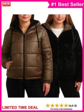 Reversible Quilted Puffer Parka Faux Fur Lined Hood Winter Coat